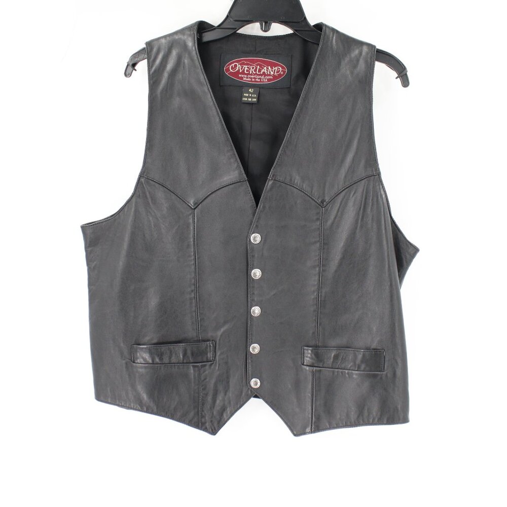 Overland Vest Men's 42 Sleeveless Leather Snap Button Black biker western moto